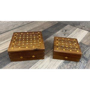 Vintage Nesting Inlaid Wood Hinged Box Set Trinket Jewelry Storage 4.5" Square
